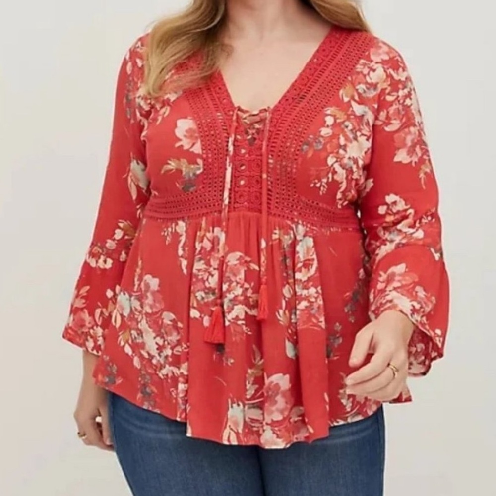 Torrid Babydoll Gauze Crochet Trim Lace-up Red Floral Blouse